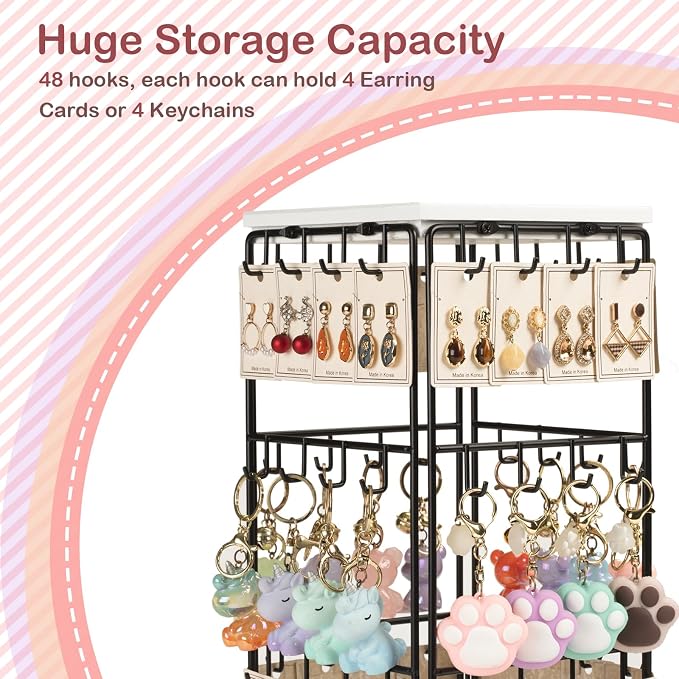 360 Rotating Earring Display Stands for Selling, Earring Rack Display Holder Stand, Jewelry Display for Vendors Selling Earring Cards, Necklaces, Bracelets, Hair Accessories (48 Hooks)