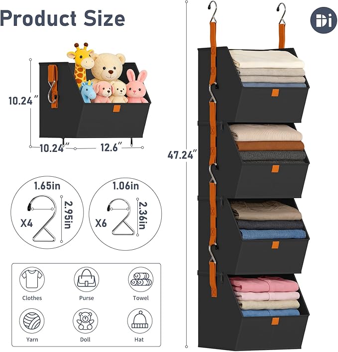 DIMJ Hanging Closet Organizer - 4 Tier Collapsible Hanging Shelves with Hooks Zipper, Fabric Clothes Organizer, Space-Saving Storage Bin Basket for RV, Bedroom, Laundry Organization