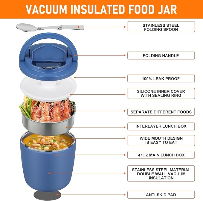 wiwens 40oz Insulated Lunch Containers for Adults Soup Thermo for Hot Food | Leak Proof Wide Mouth Vacuum Stainless Steel Thermal Jar Bento Box with Buckle Lid and Spoon