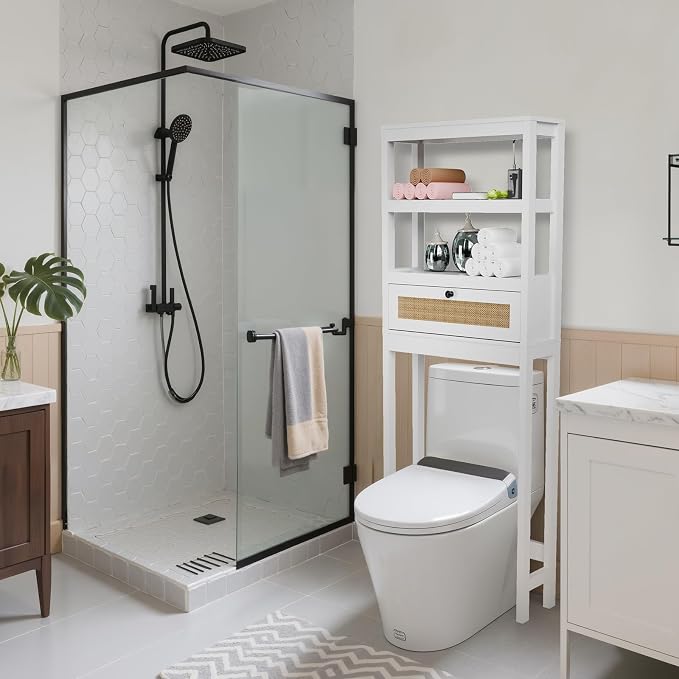 Over Toilet Storage Cabinet with Barn Door & Adjustable Shelves | 24 Inch Wide Bathroom Organizer, Space-Saving, Sturdy Wood, Anti-Tipping, Easy Assembly, for Restroom, Laundry, Small Spaces