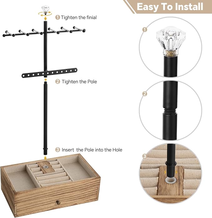Meangood Jewelry Organizer Stand, 3-Tier Necklace Holder Jewelry Tree with Wooden Storage Drawer Box for Necklace Bracelet Earring Ring, Carbonized Black