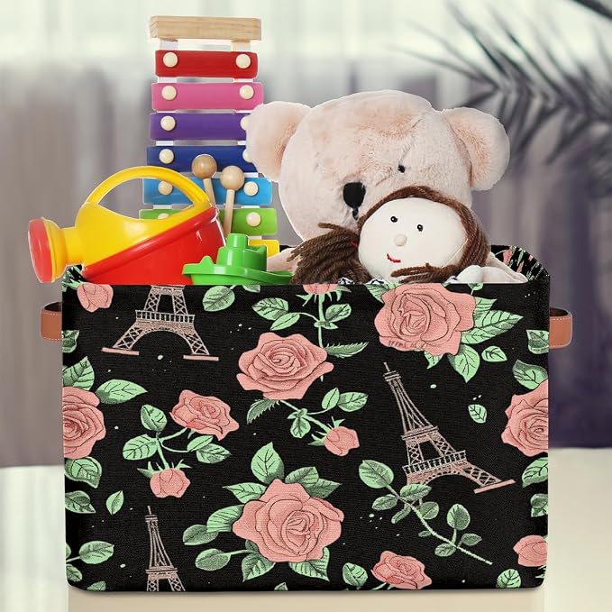 Rectangular Storage Bins Pink Rose Eiffel Tower Pattern Collapsible Fabric Storage Basket Organizer with Handles for Nursery Bedroom Bathroom