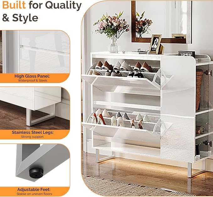 VINGLI Modern High Gloss Shoe Cabinet with LED Lights, Narrow Shoe Storage Organizer with 2 Flip Drawers & Side Cabinet for Tall Boots, Slim Entryway Space Saving, 42", White