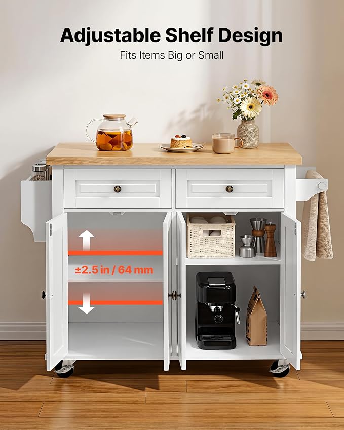 VEVOR Kitchen Island Cart with Storage, 43.7 in Wide Mobile Rolling Storage Island on Swivel Wheels, with 2 Drawers, Storage Cabinet, Spice/Towel Rack, Hooks, Table for Home Dining Room, White