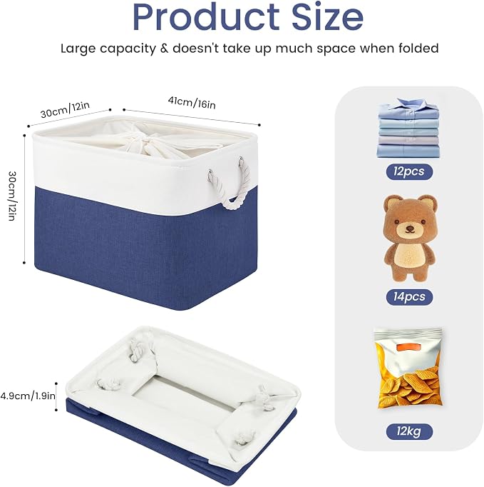 Large Storage Baskets- 16x12x12 inch Storage Bins for Shelves and Closet Organizing, Foldable Fabric Bin for Home Organization Clothes and Laundry (3-Pack, White&Blue)
