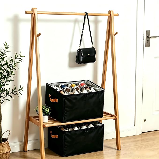 Shoe Organizer for Closet, 2 Pack Foldable Shoe Storage Containers, Fits up to 16-32 Pairs, Shoe Storage Organizer Box Cubby Baskets Bins with Clear Cover and Reinforced Handles, Black