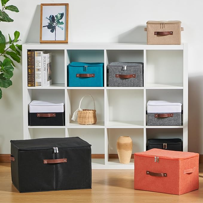 4 Pack Storage Bins with Zipper Lid Cotton Linen Fabric Lidded Storage Baskets Boxes Foldable Washable Closet Shelf Clothes Organizer Container with PU Leather Handles (Deep Blue, Small)