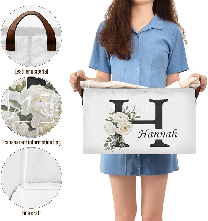 Personalized Storage Basket with Handles&Clear Labels Folding Laundry Basket Custom Name Basket Collapsible Cubes Organizer Bins for Home Wedding Gifts Kids Room Shelf Closet, Watercolor Floral