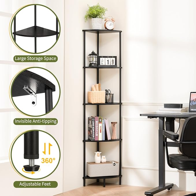 Yoobure Corner Shelf Stand, 5-Tier Bookshelf, 65" Tall Shelves for Bedroom, Living Room, Narrow Display Bookcase, Black with Display Shelves for Office