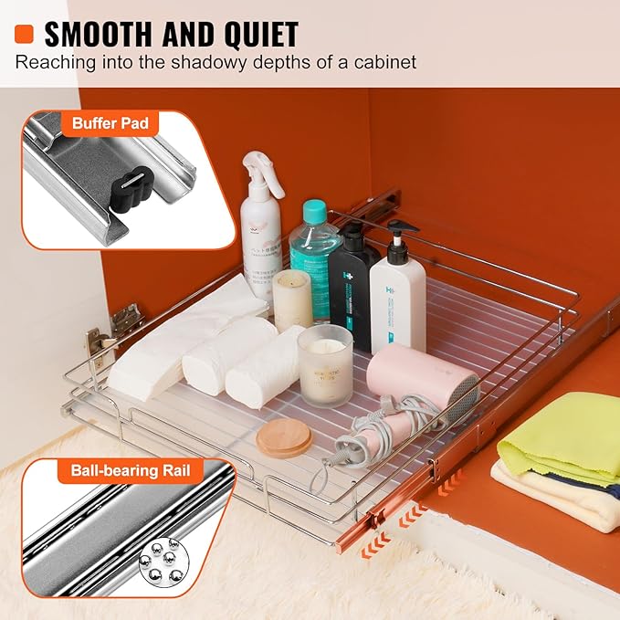 VEVOR 18.5"Wx21"Dx3.5"H Pull Out Cabinet Organizer, Heavy Duty Slide Out Pantry Shelves, Chrome-Plated Steel Roll Out Drawer, Drawer Storage for Home Under Sink, 20"Wx22"Dx7"H Install Size for Cabinet