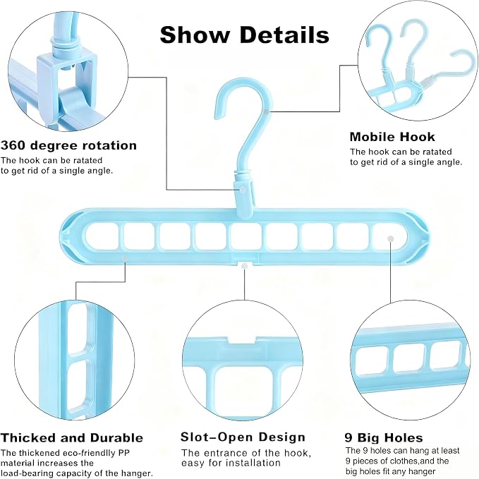 9 Space-Saving Hangers Heavy-Duty PP Plastic Tiered Hanger Organizer with Non-Slip Foldable Design, for Closet (Blue, 5)