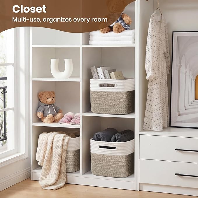 Storage Baskets for Organizing, 14 x 10 x 9” Closet Shelf Woven Baskets, Square Bins with Handles, Cotton Rope Basket for Clothes, Office, Room, White+Rice Brown 1 Pack