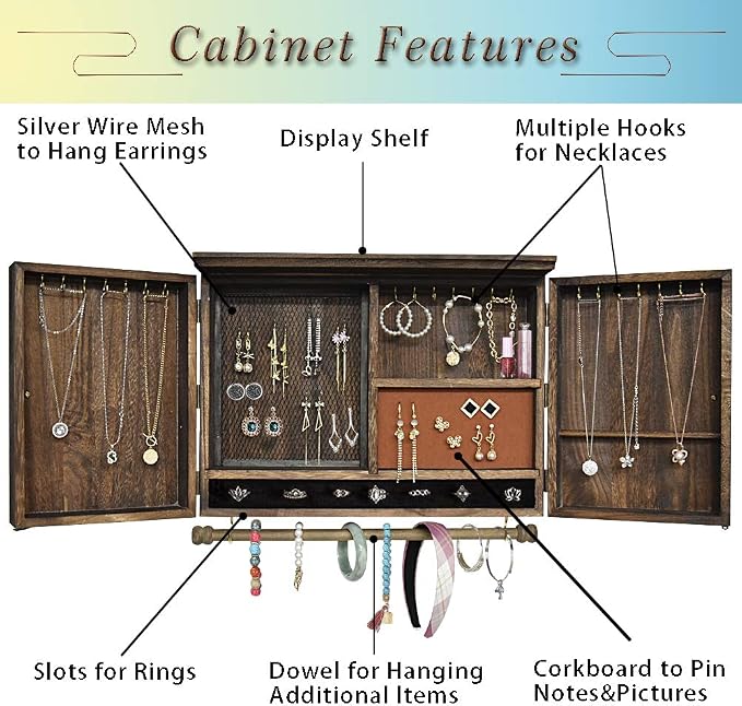 GLANT Wooden Barn Door Jewelry Organizer, Rustic Wall Mount Jewelry Storage for Necklaces, Earrings, Bracelets, Ring Holder