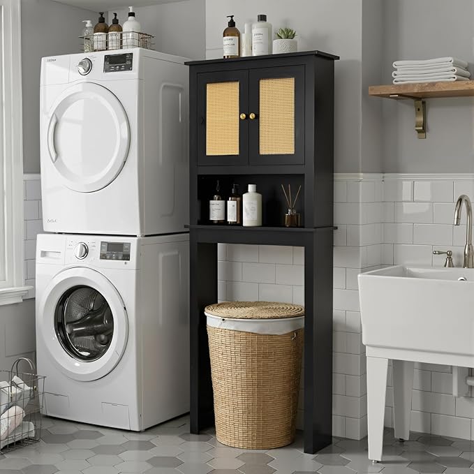 Over Toilet Storage Cabinet with Barn Door & Adjustable Shelves | 24 Inch Wide Bathroom Organizer, Space-Saving, Sturdy Wood, Anti-Tipping, Easy Assembly, for Restroom, Laundry, Small Spaces