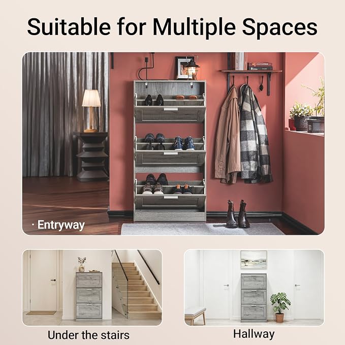 Haotian Shoe Storage Cabinet Entryway | Freestanding Shoe Cabinet with 3 Flip-Drawers Fully Enclosed Tall Shoe Rack Shoe Organizer, Grey, FSR137-L-HG