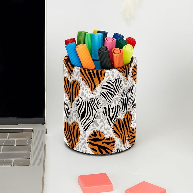 Leather Pen Holder for Desk, Tiger Zebra Print Pencil Cup Pen Organizer Makeup Brush Holder for Office Home Kids Countertop Desk Accessory Storage