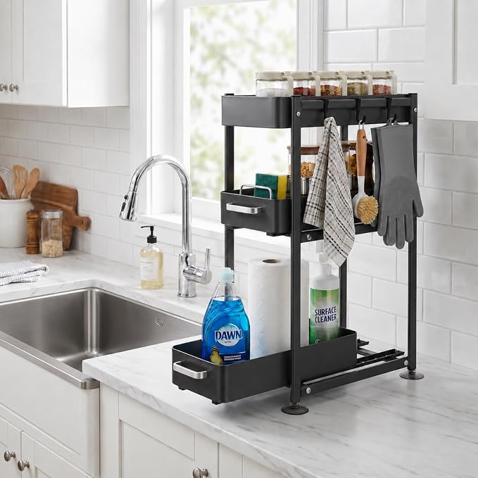 3-Tier Countertop Organizer, Pull Out Spice Rack, Transforming a Cramped, Unusable Space Into a Storage Area, With Suction Cup Feet and 4 Hooks, For Tall Bottles, Condiments and Spices