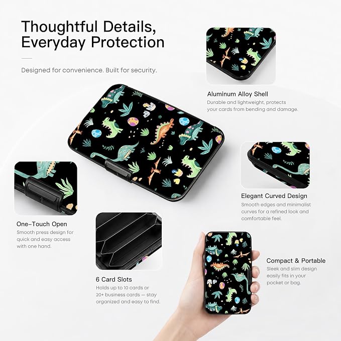 Credit Card Holder RFID Aluminum card case Dinosaurs mini Wallet Women Men | ABS Business ID Case,Hard Case Large Capacity 6 Slots, Waterproof Durable ，Secure Closure Slim Small Credit Card Protector
