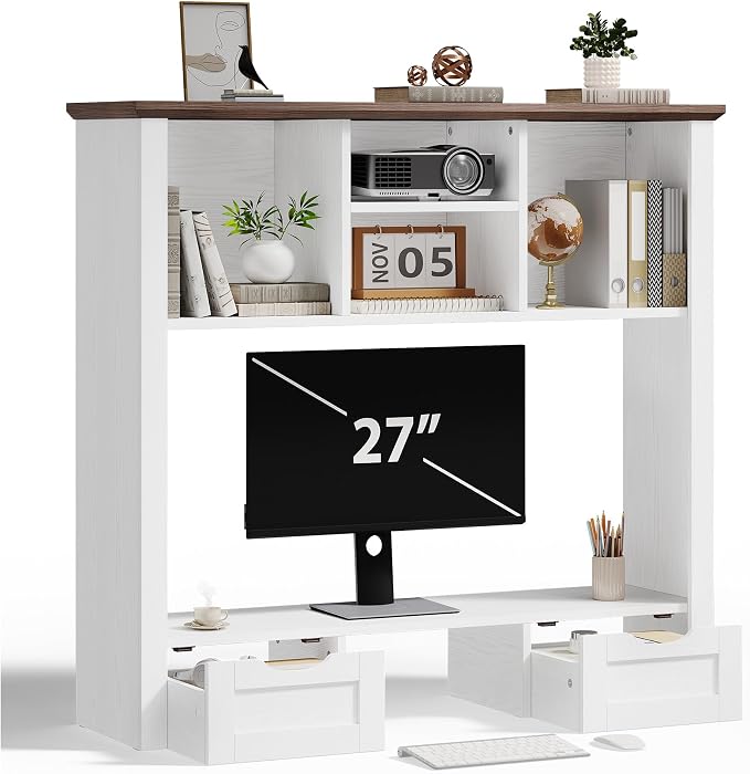 Desk Shelf with Computer Monitor Stand, 37.4''W Desktop Bookshelf Display Rack, Desktop Organizer Storage Rack with Cubbies & Drawers, 5-Tier Hutch for Home, Office, Dorm, Vanity, White&Brown