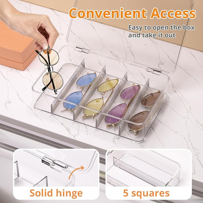 Sunglasses Organizer, Acrylic Clear Plastic Stackable Sunglasses Case with 5 Compartments,Glasses Organizer