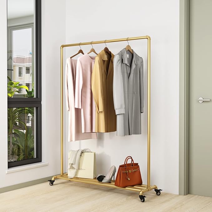 Industrial Gold Clothing Racks on Wheels, Boutique Display Gold Clothes Rack with Shelf, Rolling Garment Rack for Retail Use