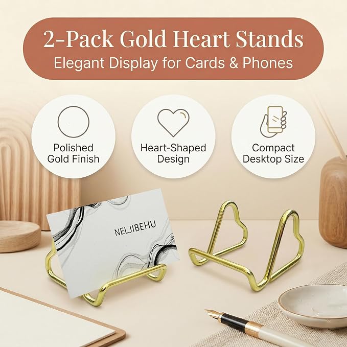 2 Pcs Cute Gold Metal Heart Business Card Holder for Desk | Metal Heart Business Card Display Stand, Pretty Desk Organizer and Cute Desk Accessories for Office Desktop