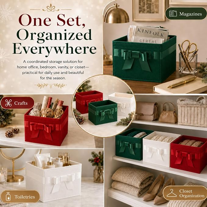 LemonRoad 3 Pcs Christmas Storage Bins 10x8x6in Red Green White Felt Gift Baskets with Elegant Bows Large Capacity Christmas Organizer for Shelves Closet Home Office, Xmas Decorative Fabric Boxes