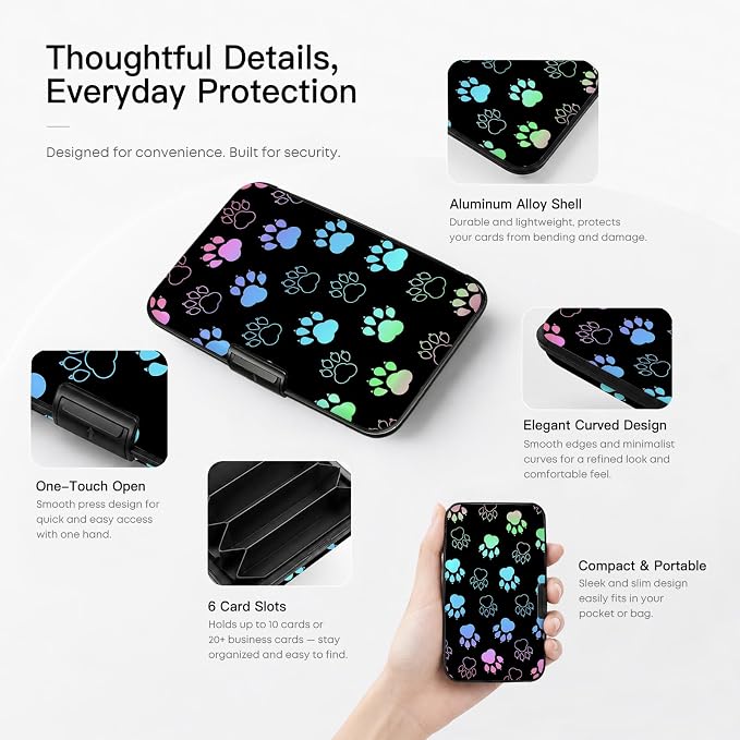 Credit Card Holder RFID Aluminum card case Dog Paw mini Wallet Women Men | ABS Business ID Case,Hard Case Large Capacity 6 Slots, Waterproof Durable ，Secure Closure Slim Small Credit Card Protector