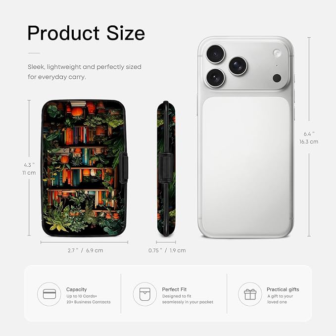 Credit Card Holder Bookshelf Botanical Mini Aluminum Wallet | Women Men, Slim Design, RFID Blocking, Metal Business ID Case