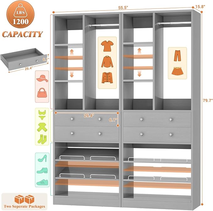 Besiost Closet System, 55.5"/4.6 FT Closet Organizer System with Drawers and Shelves, Walk-in Closets Systems for Small Closets, Free Standing Closet Tower, Load 1200+LBS, Morandi Grey 2 Pack