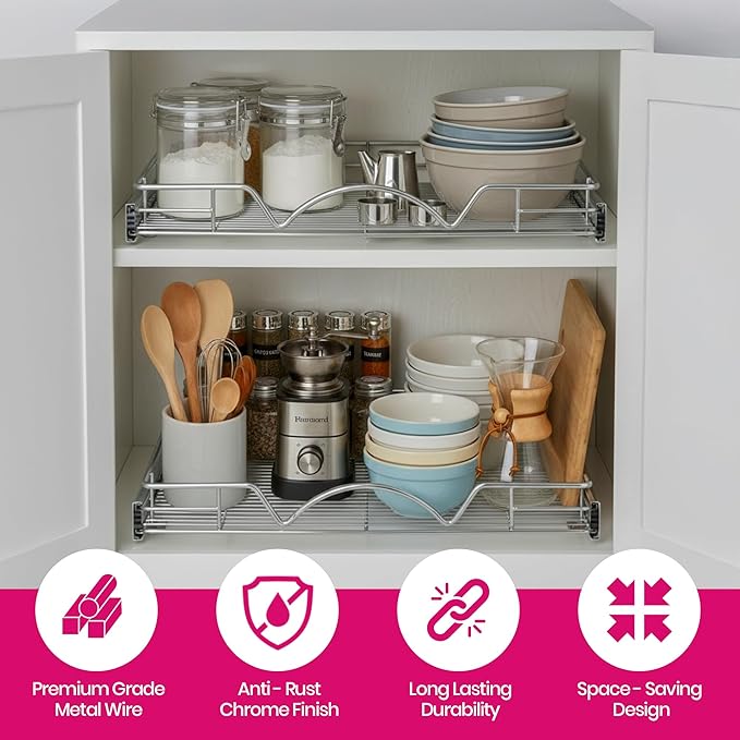 HOLDN’ STORAGE Pull Out Cabinet Organizer, Heavy Duty Caddy w/Lifetime Limited Warranty -11”W x 21”D - Requires At Least 12-1/4” Cabinet Opening, Steel Metal Cabinet Drawers Slide Out, Chrome