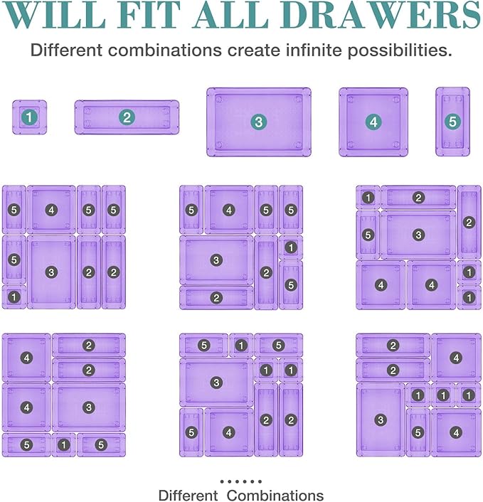 StorMiracle 23 PCS Drawer Organizer Set, 5 Varied Size Bathroom and kitchen Drawer cabinet organizer Trays, Clear Storage Bins for Makeup, Jewelry, Utensils and Gadgets, Purple