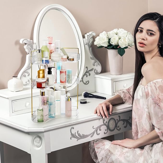 Cididu 3 Tiers Corner Bathroom Counter Organizer, Clear Countertop Shelf Storage Rack, Cosmetic Perfume Tray Standing Holder with Gold Metal Pole, Skincare Sink Organizer for Vanity Kitchen