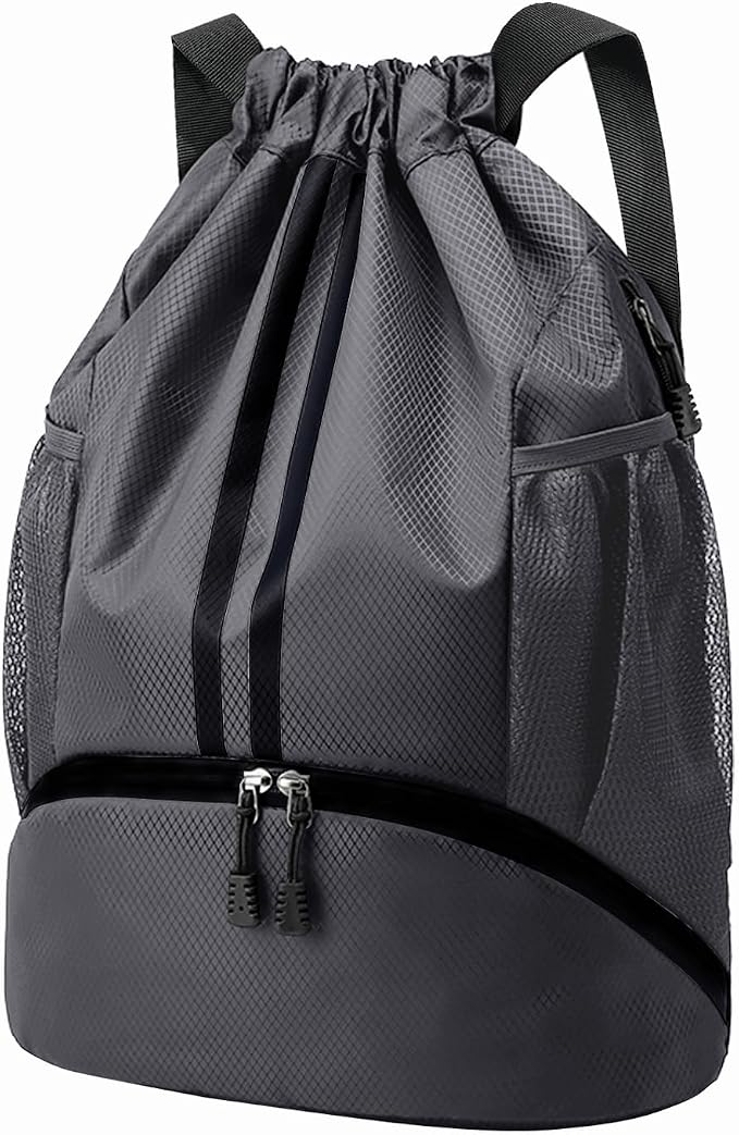 Hoedia Sports Drawstring Backpack - String Swim Gym Bag with Shoes Compartment and Wet Proof Pocket for Women and Men, Dark Grey