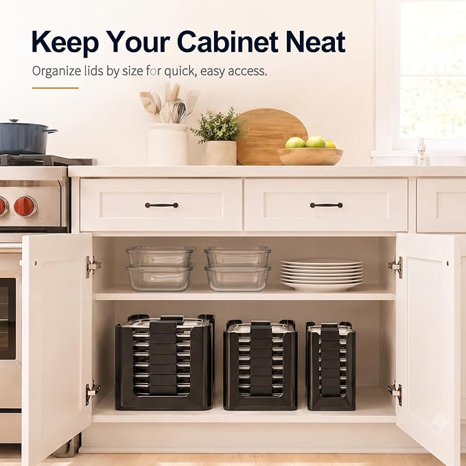 Food Container Lid Organizer for Rubbermaid Brilliance nap-on lids, 3-Pack Black, Kitchen Cabinet Drawer & Pantry Storage