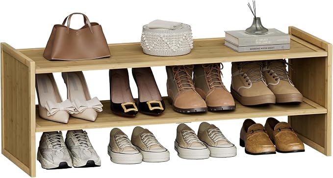 2 Tier Bamboo Shoe Rack, Extended Wood Shelf for Closet | Extended length fits more pairs. 6.7in height holds boots. Versatile for plants, books, sundries.
