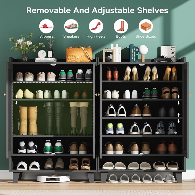 Flat-Shelf Shoe Cabinet with Doors，6-Tier Shoes Storage Cabinet with Adjustable Shelves，Wooden Shoe Rack Shoes Storage Organizer Cabinets for Entryway, Hallway, Living Room（Black）