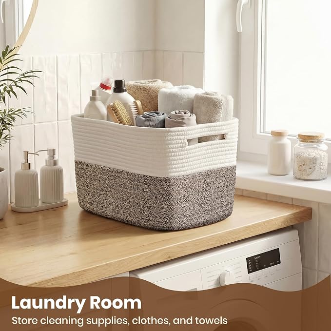 Storage Baskets for Organizing, 14 x 10 x 9” Closet Shelf Woven Baskets, Square Bins with Handles, Cotton Rope Basket for Clothes, Office, Room, White+Dark brown 1 Pack