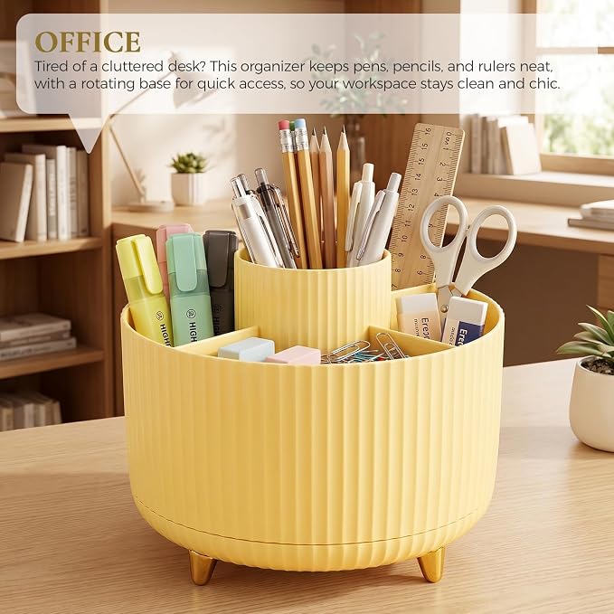 KONVINIT Pencil Pen Holder for Desk, 5 Slots 360-Degree Rotating Desktop Organizer, Cute Desk Organizers and Accessories for School, Home, Office and Art Supply, Yellow