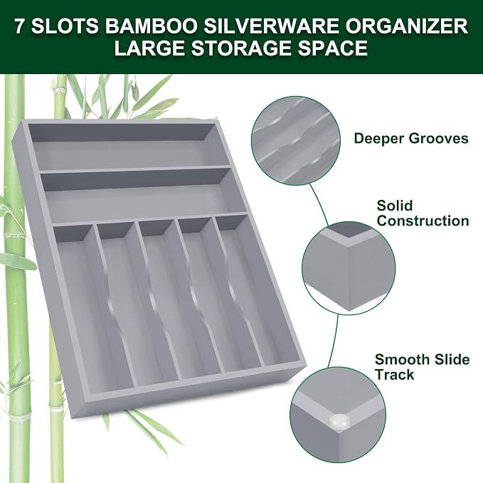 Utensil Organizer 13'' Silverware Drawer Organizer Cutlery Kitchen Bamboo | Natural Bamboo Gray, 7 Compartment, Durable, Small Narrow Organizer, Silverware Tray, Utensil Holder, Silverware Organizer