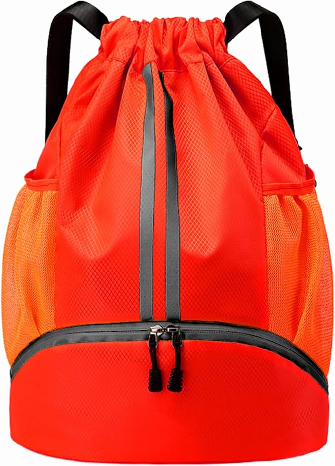 Hoedia Sports Drawstring Backpack - String Swim Gym Bag with Shoes Compartment and Wet Proof Pocket for Women&Men (Red)