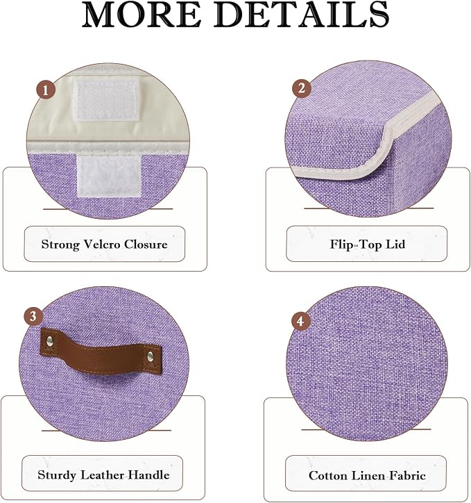 Collapsible Storage Boxes Baskets with Lid Cotton Linen Fabric Storage Bins with Faux Leather Handles Decor Washable Cube Organizer Container for Home Closet Bedroom (Purple, Small Size)