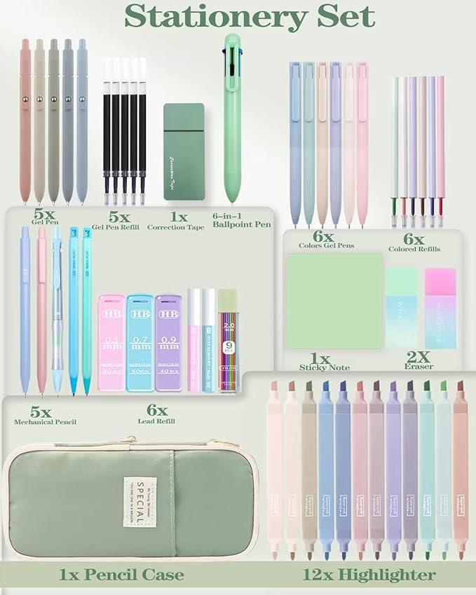JIZHIYUAN 54PCS Aesthetic School Supplies with Large Pencil Case,12 Pastel Highlighters,5 Black & 6 Color Ink Gel Pens, 6-in-1 Ballpoint Pen,5 Mechanical Pencils 0.5-2.0mm Student Essentials (Green)