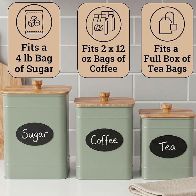 Kitchen Canisters for Countertop Set of 3 w/ Chalkboard Labels & Marker Pen | Airtight Easy Open Bamboo Lids, Dent-Resistant Thick Metal, Customizable Chalkboard Labels, Marker Pen Included, Set of 3
