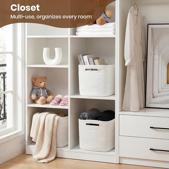 Storage Baskets for Organizing, 14 x 10 x 9” Closet Shelf Woven Baskets, Square Bins with Handles, Cotton Rope Basket for Clothes, Office, Room, White 4 Pack
