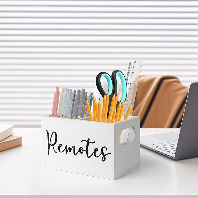 Remote Control Holder, Wooden TV Remote Holder for Table, Remote Caddy Organizer with 2 Compartments, Media Storage Box for Nightstand, Couch (White)