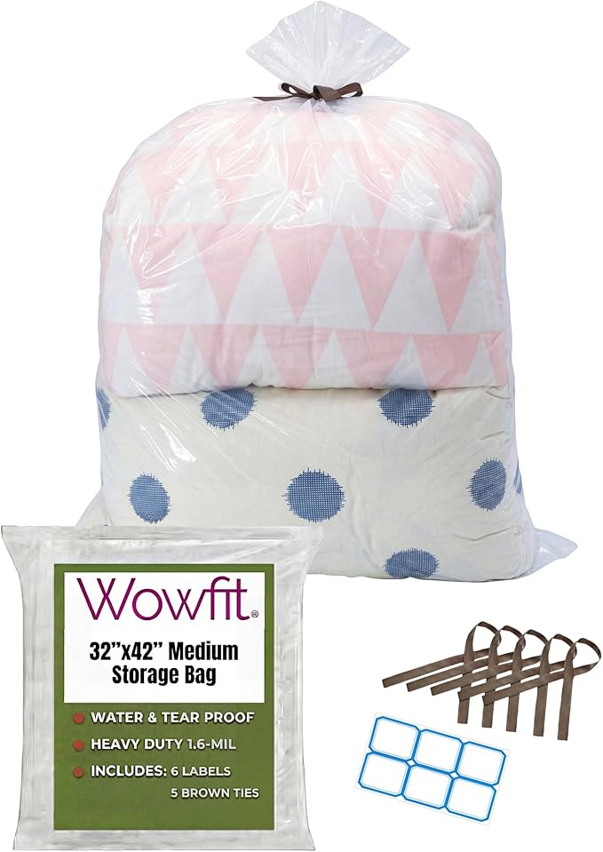 Wowfit 5 CT 32x42 inches Big Large Clear Plastic Bags Perfect for Blanket, Duvets, Pillows, Plush Toys, Comforter and Basement Storage (1.6 Mil Flat Bags)