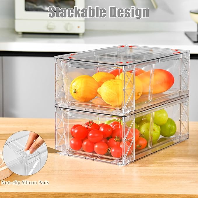 Clemate 4Pack Clear Stackable Kitchen Storage Organizer,Pantry Organizers and Storage,Foods Organizer Bins with Handles, Easily Assemble for Bathroom, Kitchen, Refrigerator, Pantry, Cabinet, Closet