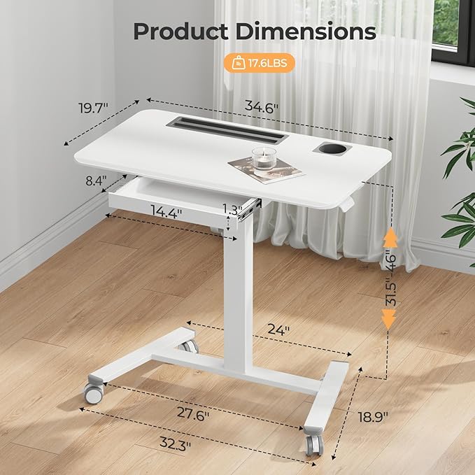 Mobile Standing Desk with Drawer, 35"×20" Small Desk, White | Portable Laptop Workstation with Cup Holder and Hooks, Height Adjustable Rolling Desk with Wheels, Teacher Classroom Use