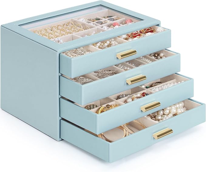 AKOZLIN Jewelry Box with Clear Lid Functional Leather Jewelry Storage Organizer Case 4 Drawers for Women Girls Necklace Ring Bracelet Earring BlueGrey